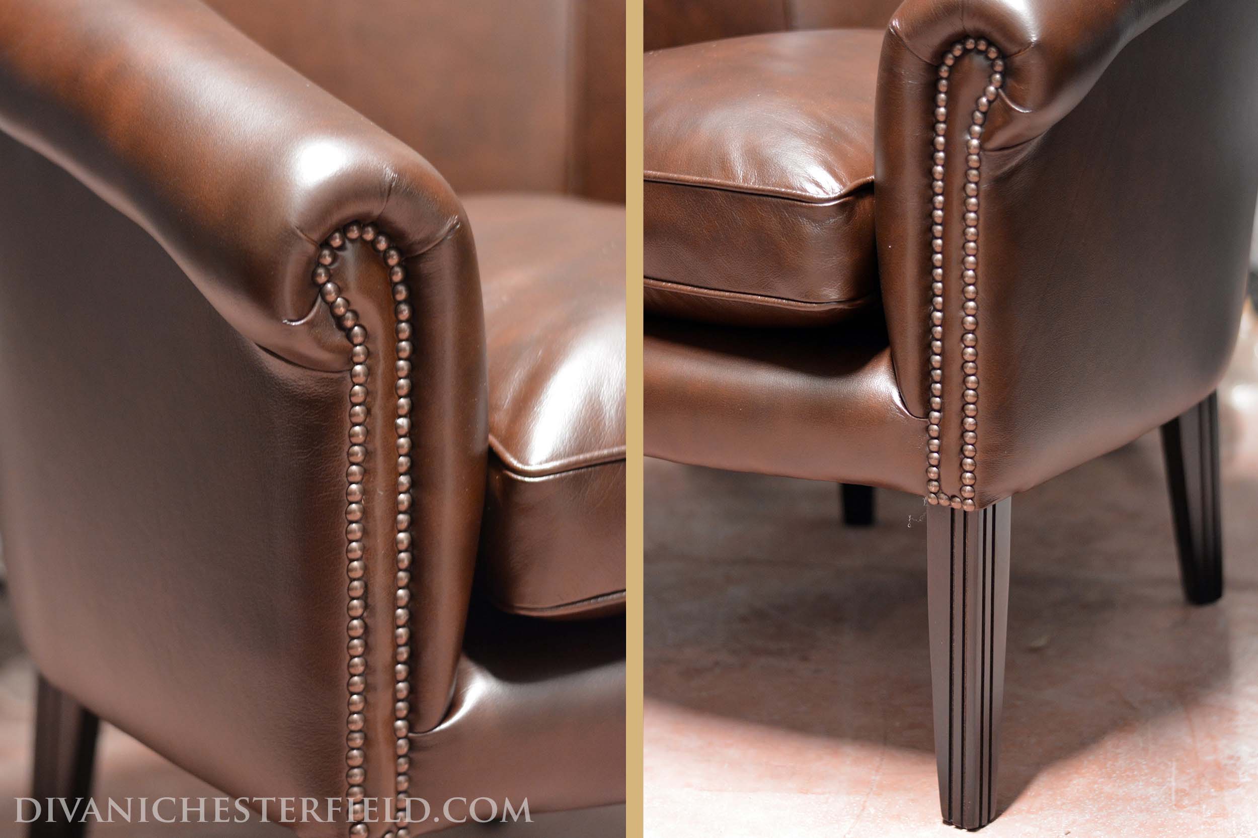 dettaglio poltroncina lounge moderna cognac contemporanea cigar room pelle marrone