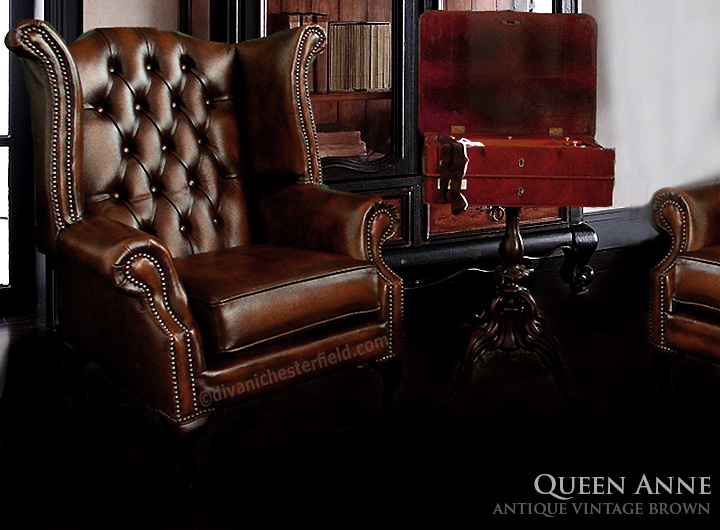 poltrona chester queen anne pelle marrone originale