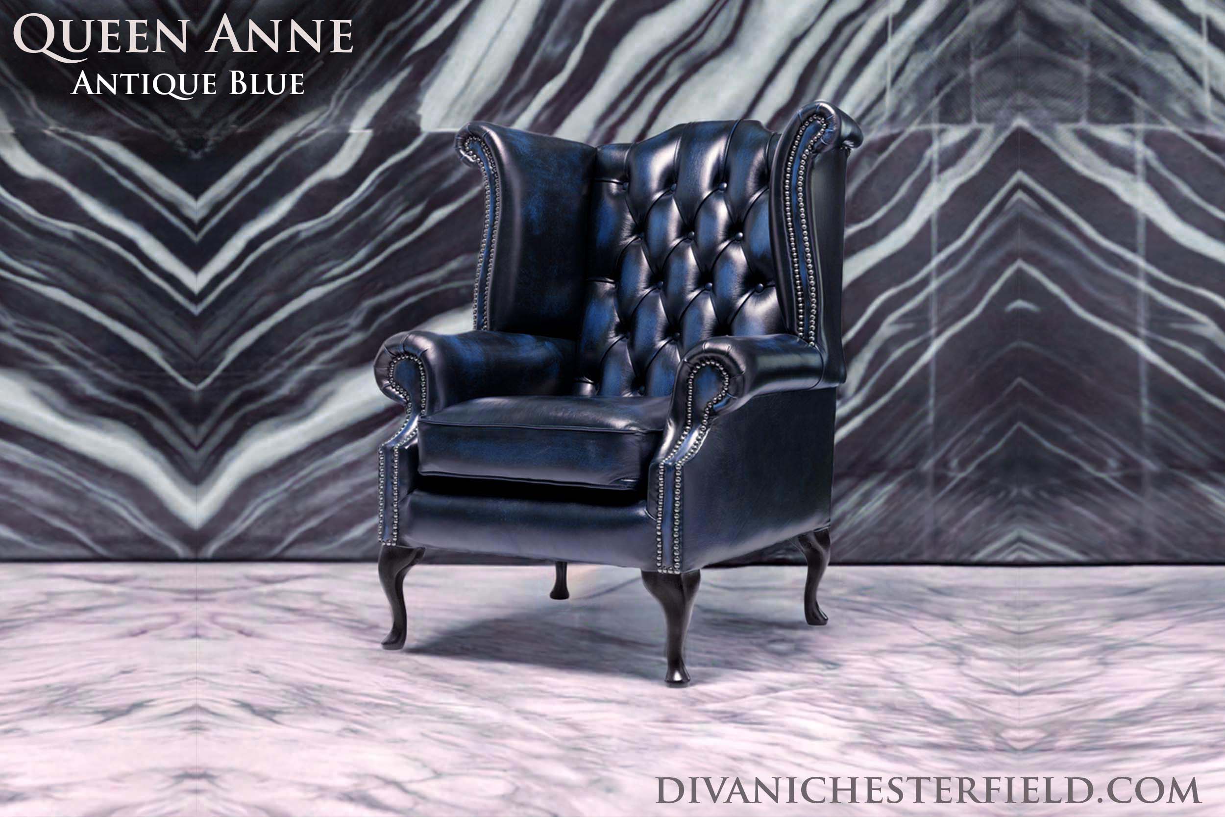 poltrona chester queen anne pelle blu originale