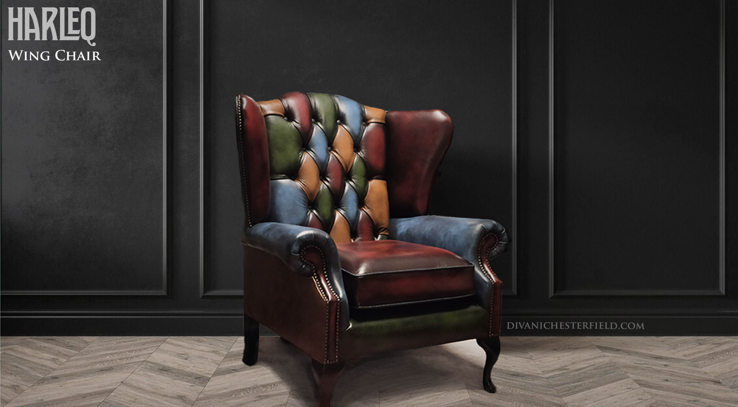 poltrona chesterfield wing harleq patchwork moderna vintage design pellicolorate