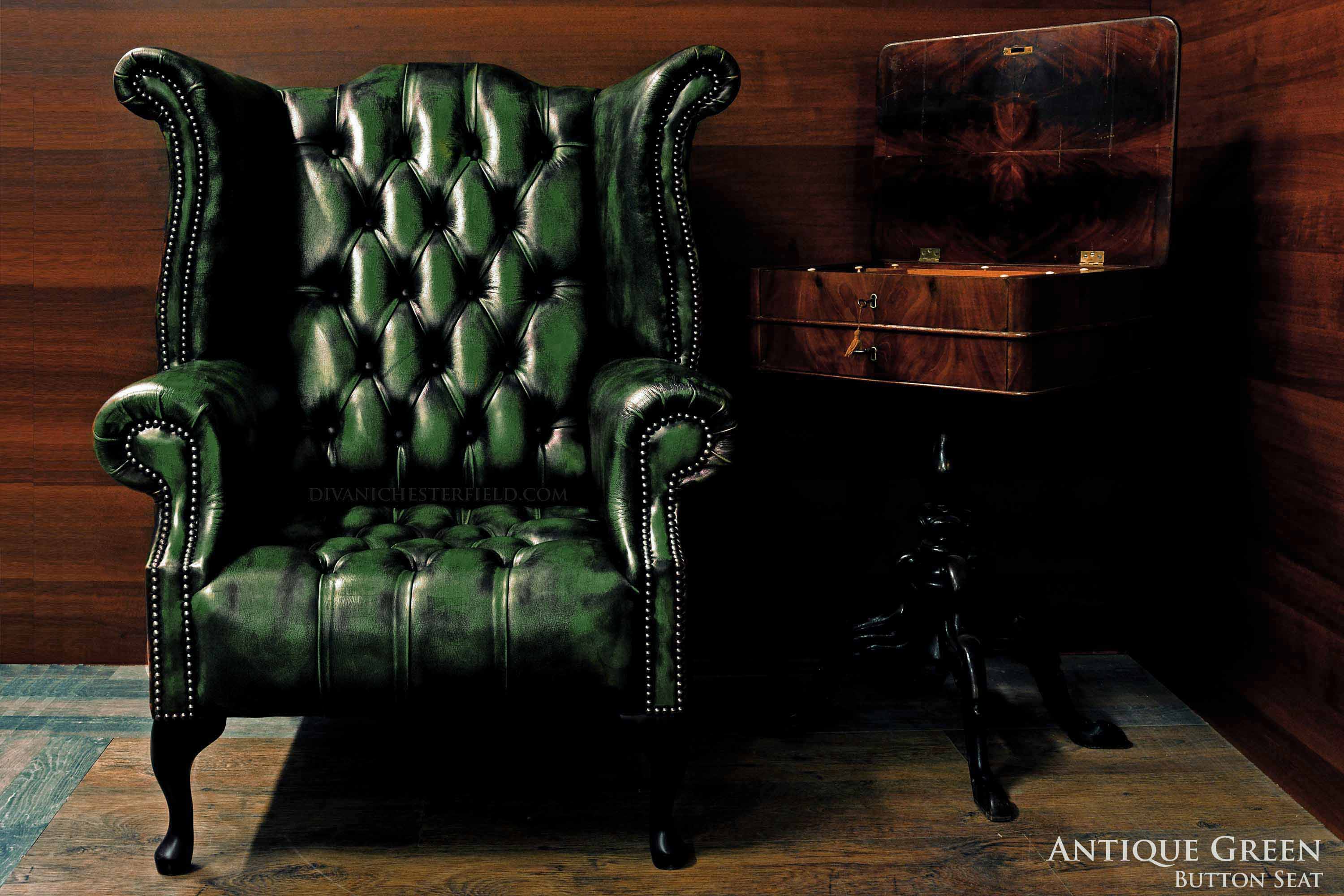 poltrona chester queen anne nuova pelle verde originale bottoni