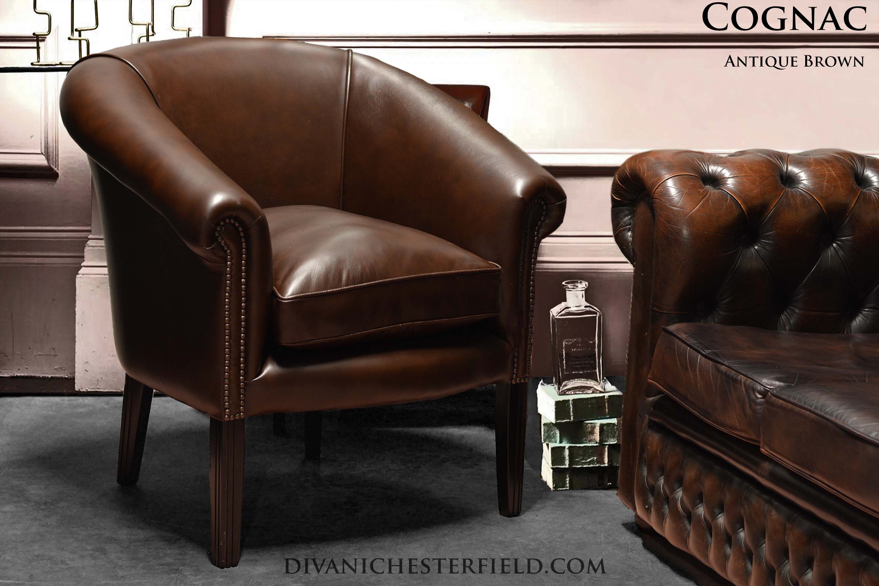 poltroncina lounge moderna cognac contemporanea cigar room pelle marrone