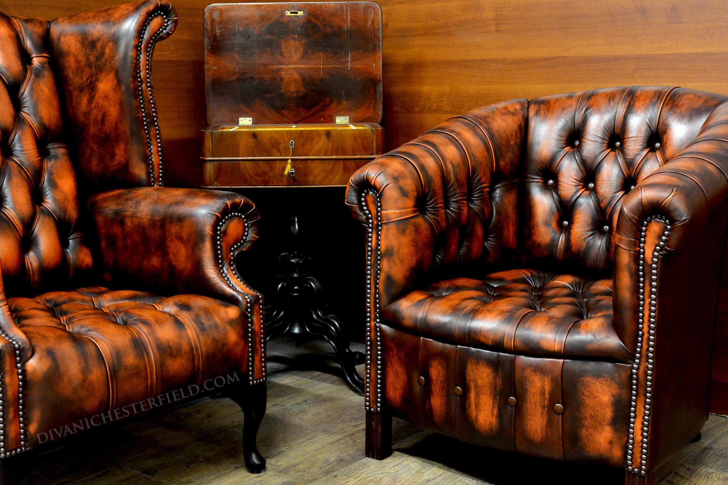 poltrone chesterfield queen anne pelle vintage orange